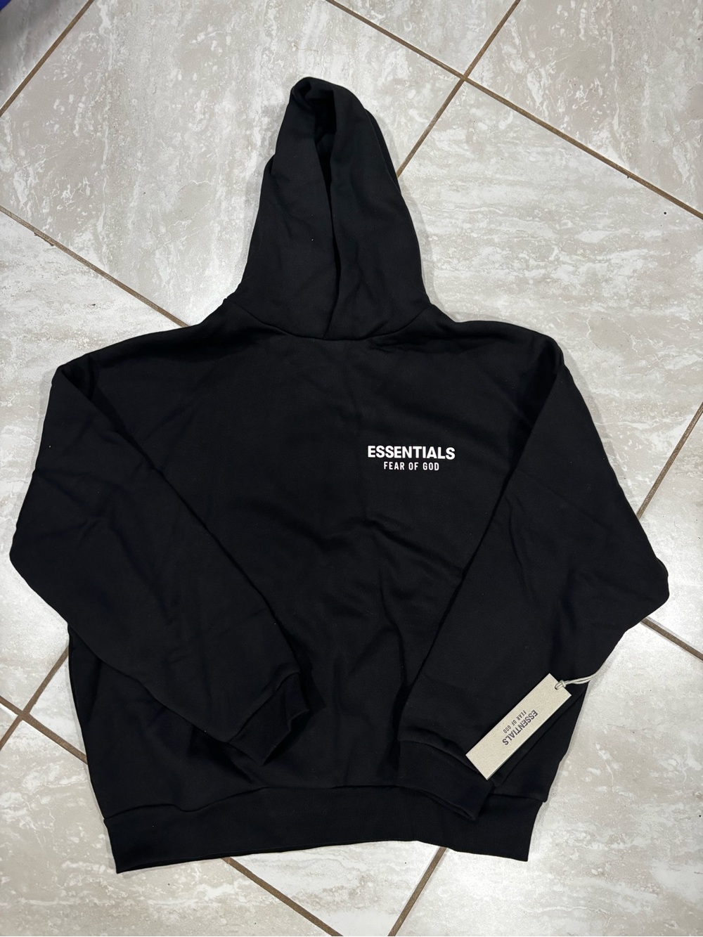 Essentials fear of god black hoodie with white lattes